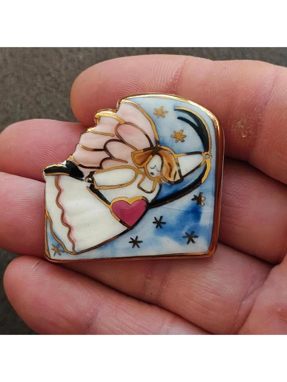1980s Ceramic Multi-Color Enameled Flying  Angel Brooch